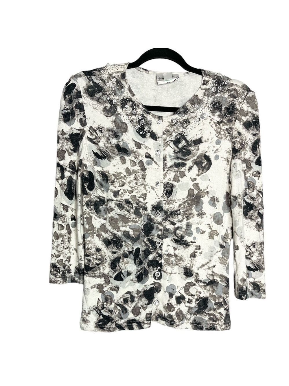 Joseph Ribkoff Vintage Snow Leopard Abstract Print Angora Blend Cardigan, size 4